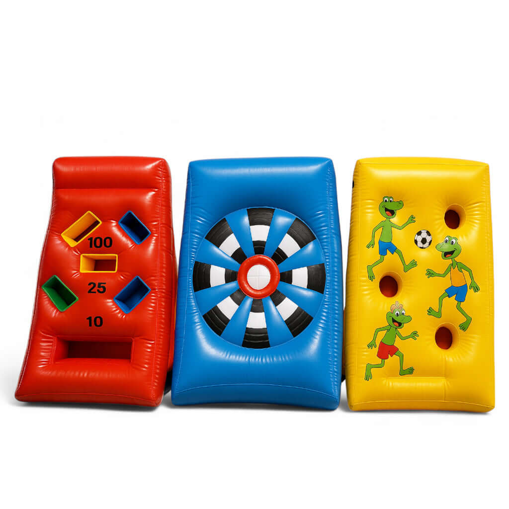 Aufblasbares Familienspiel mit drei Seiten – Zielwerfen, Punktewand und Geschicklichkeitsstation mit fröhlichen Figuren