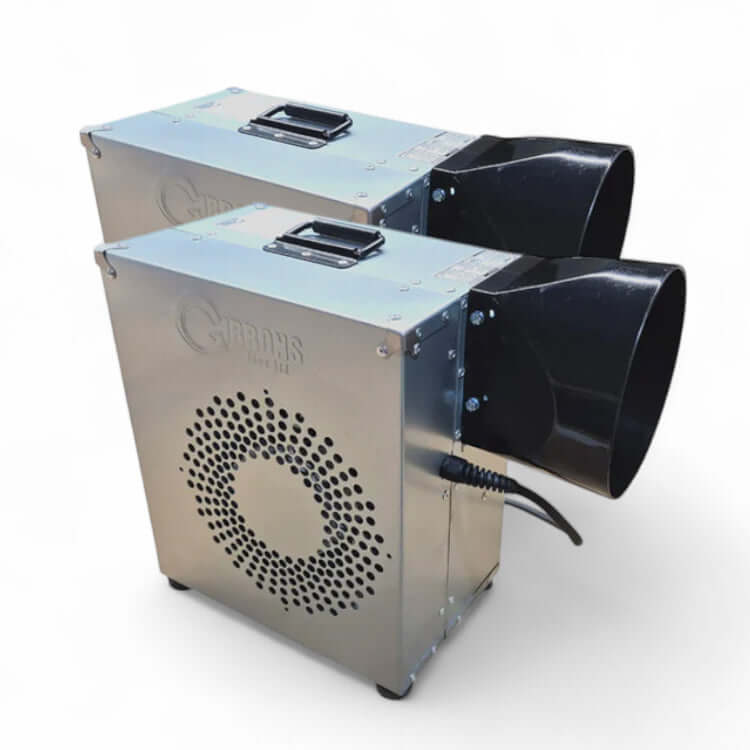 2er-Set Gibbons Gebläse mit je 1.1 kW Leistung – robuste Metallgehäuse mit Lüftungsgitter und Tragegriff für Hüpfburgen und Eventmodule