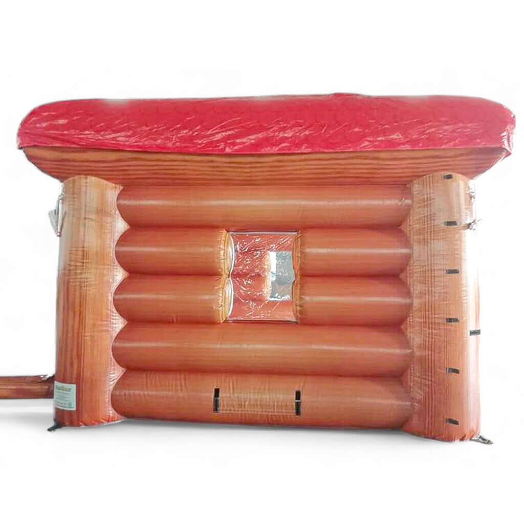 Die Seitenperspektive von der aufblasbaren Holzhütte zum mieten.