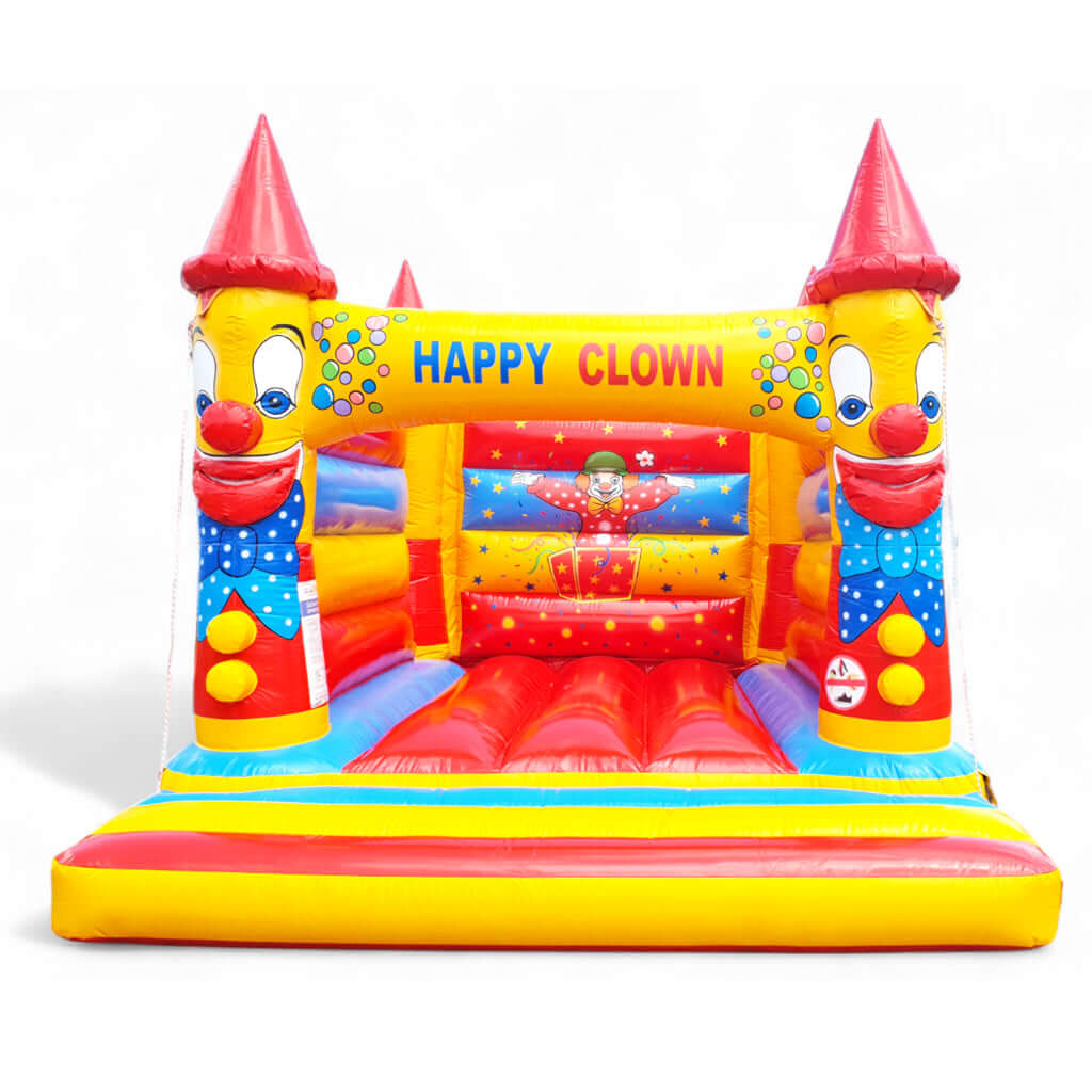 Hüpfburg Clown, Clowns-Säulen mit Schleife, und bunten Wänden.