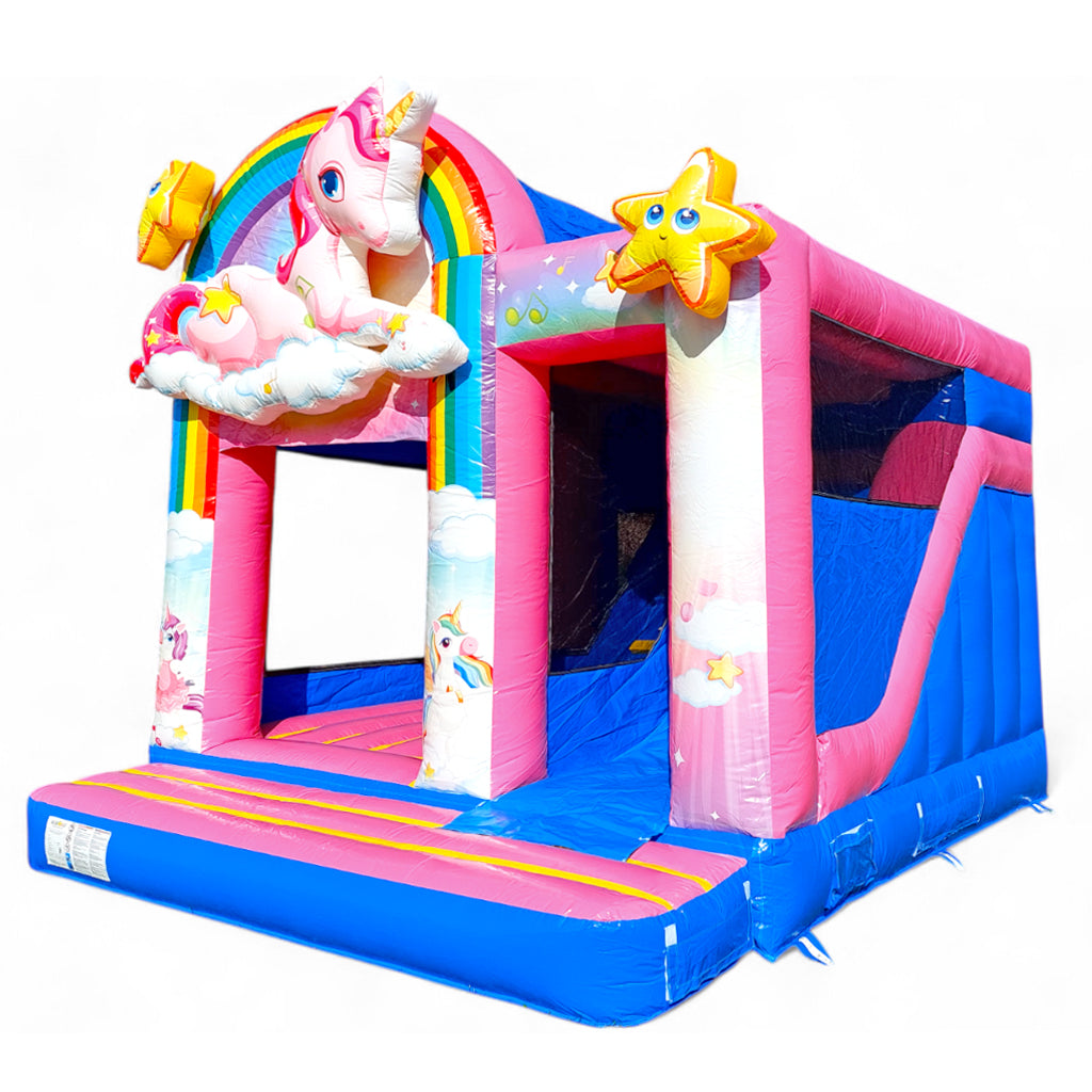 Individuell gestaltete Hüpfburg Einhorn, des weiteren hat der Hersteller viele Fantasievolle Regenbogen Farben integriert.