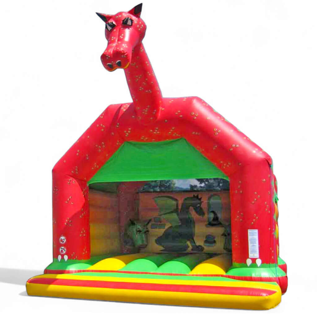 Hüpfburg Drache in Rot und grünem Dach.