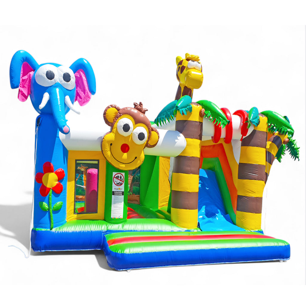 Eine Hüpfburg zum mieten, mit vielen Figuren, Hindernissen und einer Rutsche.