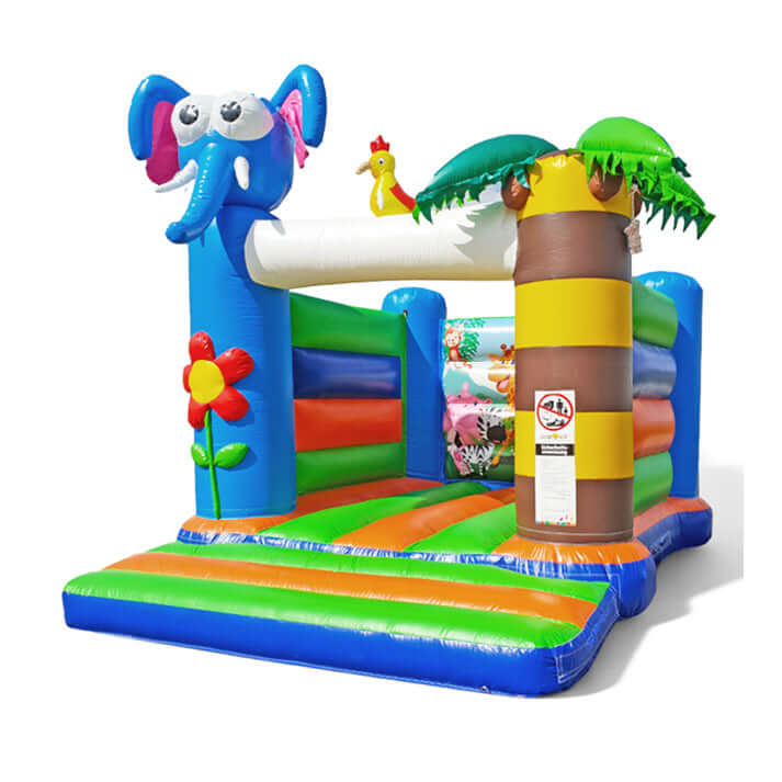 Hüpfburg mit Elefant, Papagei, Palme, Blume und viele liebevolle Tiermotive