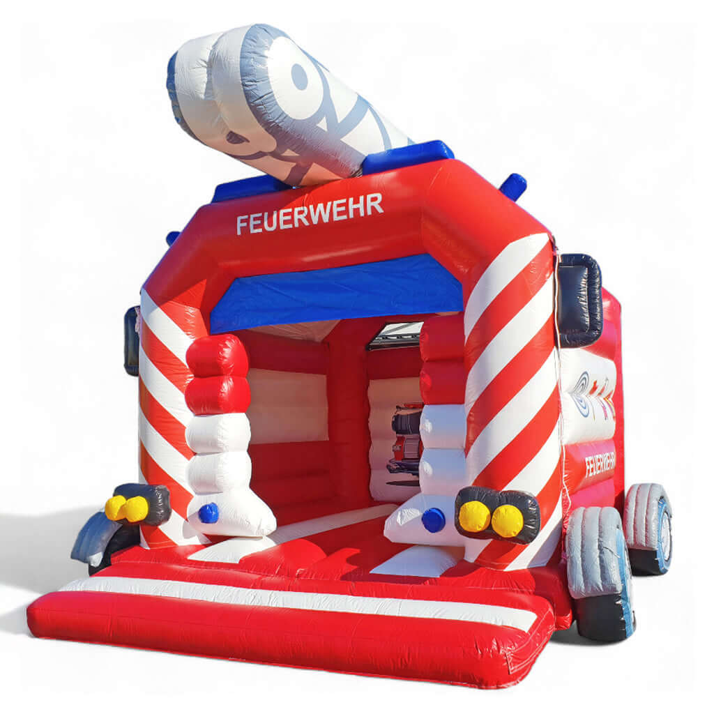 Hüpfburg Feuerwehr mit Dach in rot weiß.
