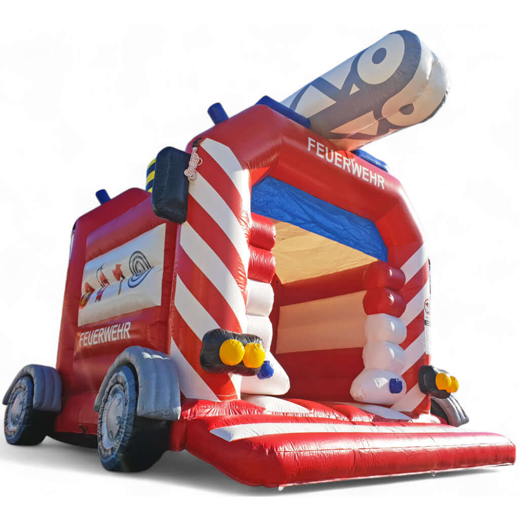 Rot weiße Hüpfburg mit Blauen Dach aufblasbaren Reifen auf der Seite.