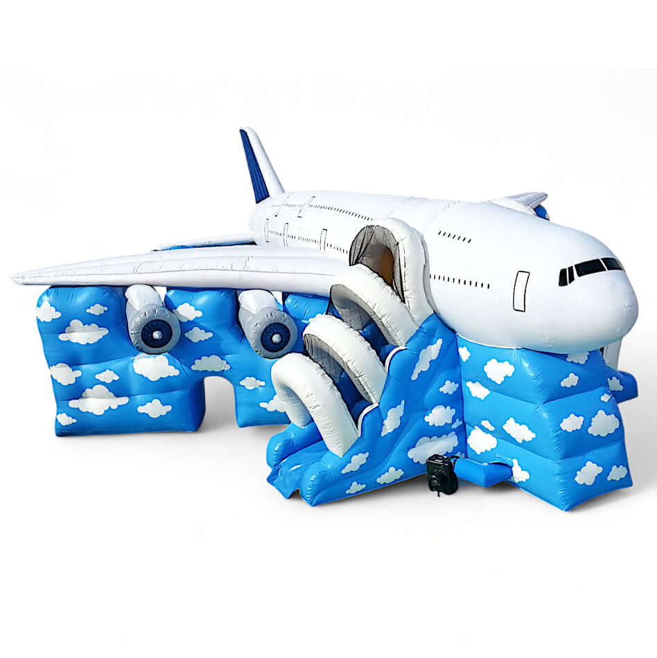 Aufblasbare Hüpfburg in Flugzeugform mit Airbus-Design – eindrucksvolle Sonderanfertigung für Events.