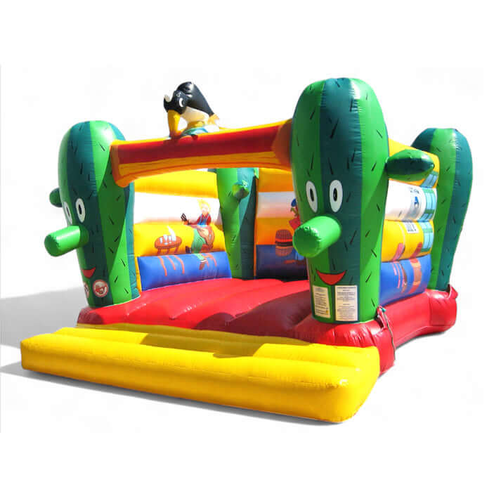Hüpfburg Kaktus mit Saloon, Cowboys, Krähen und  rot-gelb-rünen Farben.