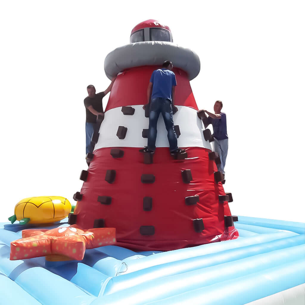 Aufblasbarer Kletter-Leuchtturm in Signalrot - perfekte Event-Attraktion für Action, Teamspiele und unvergessliche Outdoor-Erlebnisse.