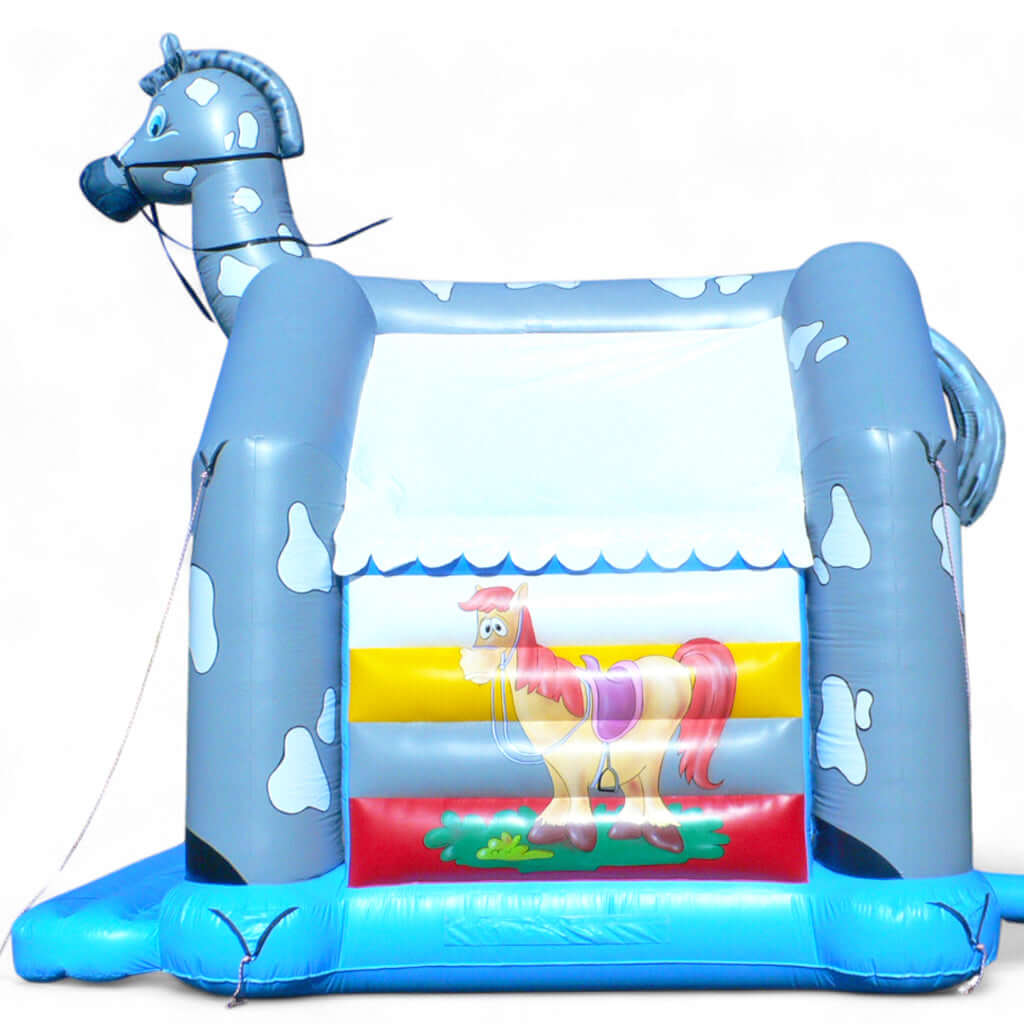 Hüpfburg Pferd mit weißem Dach und schönem aufgemaltem Pferd auf der Außenwand.