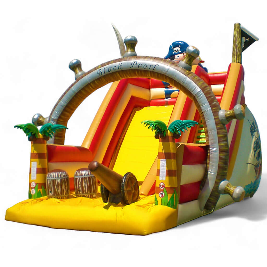 Hüpfburg Riesenrutsche Pirat mit gelber Rutschfläche, Piratenfigur, Kanone, Steuerrad und Palmen – aufblasbares Abenteuer für Kinder