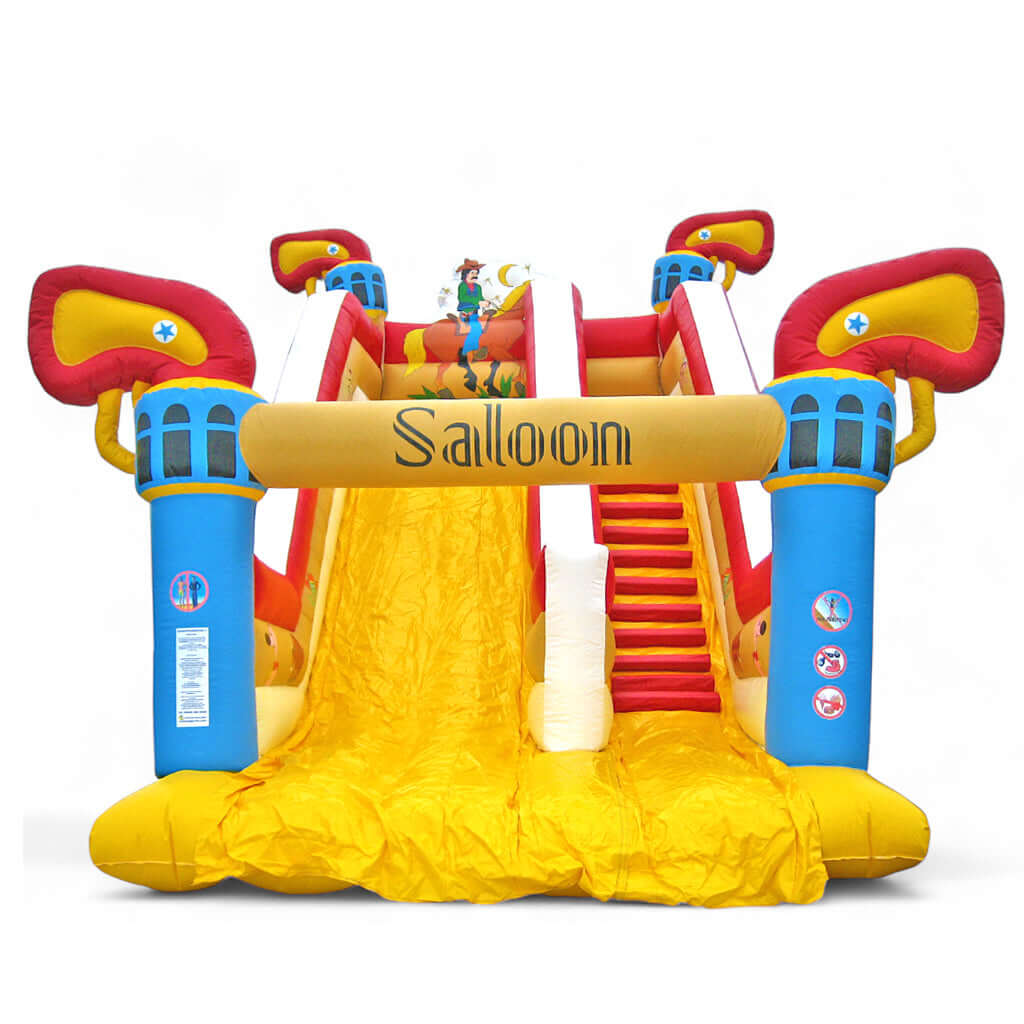 Hüpfburg Riesenrutsche Saloon mit Cowboy-Motiv, gelber Rutschfläche, Westernbogen und detaillierter Gestaltung im Wildwest-Stil