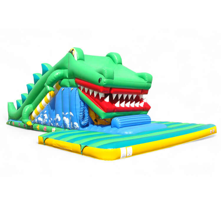 Hüpfburg Snappy Maulrutsche Krokodil mit grünem Krokodilkopf, großer Schnauze, Rutsche und Wasseroptik – perfektes Eventmodul für Kinder
