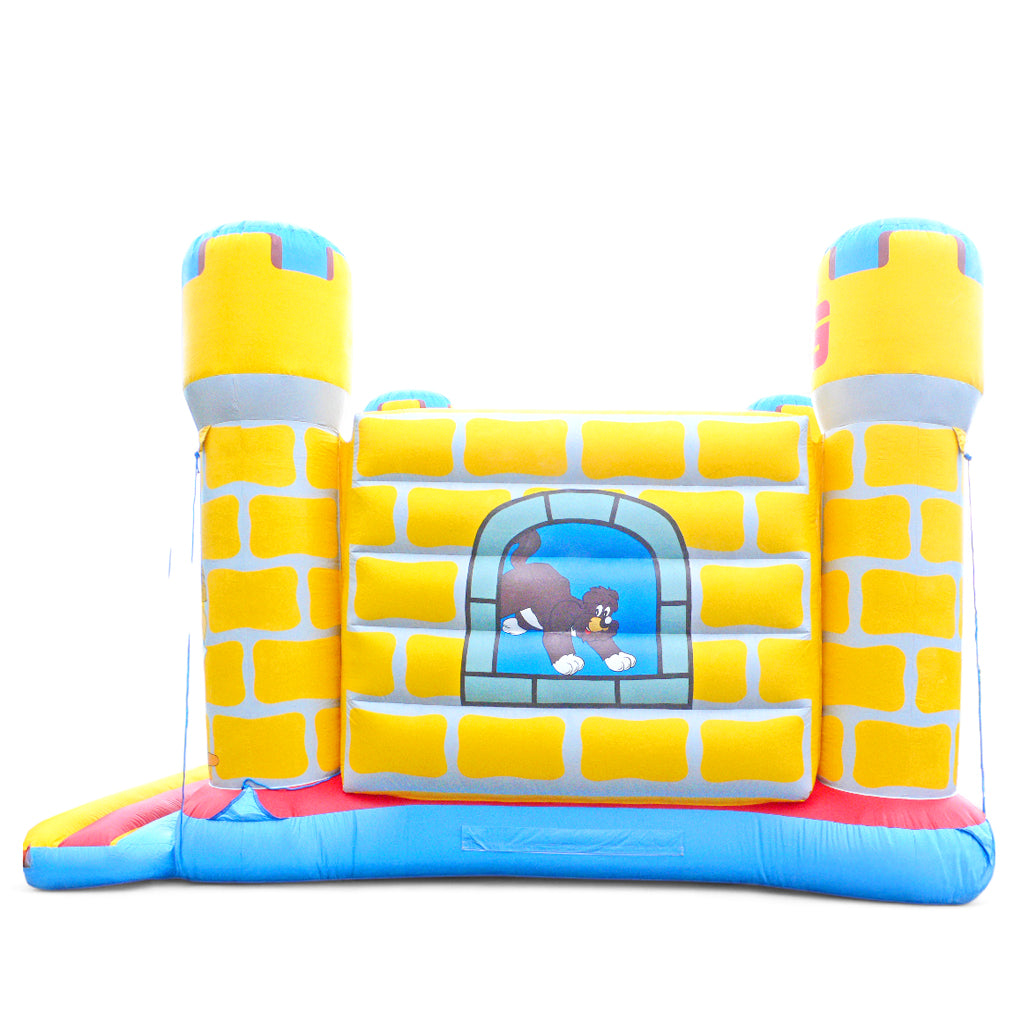 Rückseite der individuell gestalteten Hüpfburg mit Comicmotiv und Sparkassen-Branding in Burgenoptik