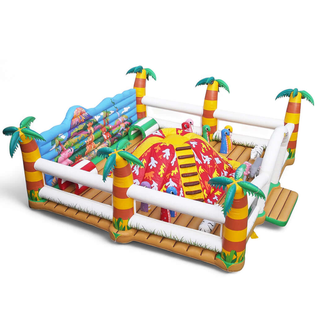 Interaktive Hüpfburg Vulkan Dschungel mit geschlossener Umrandung, Klettervulkan und vielen Tieren – perfektes Abenteuer für kleine Entdecker.