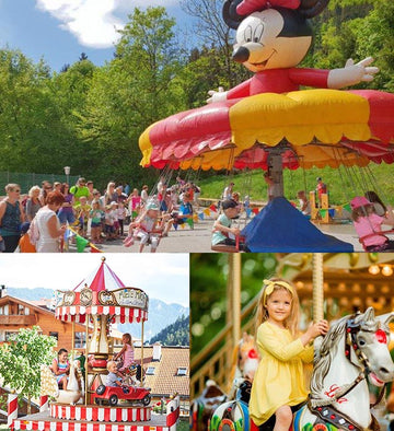 Drei verschiedene Arten von Karussellen mit Kindern.