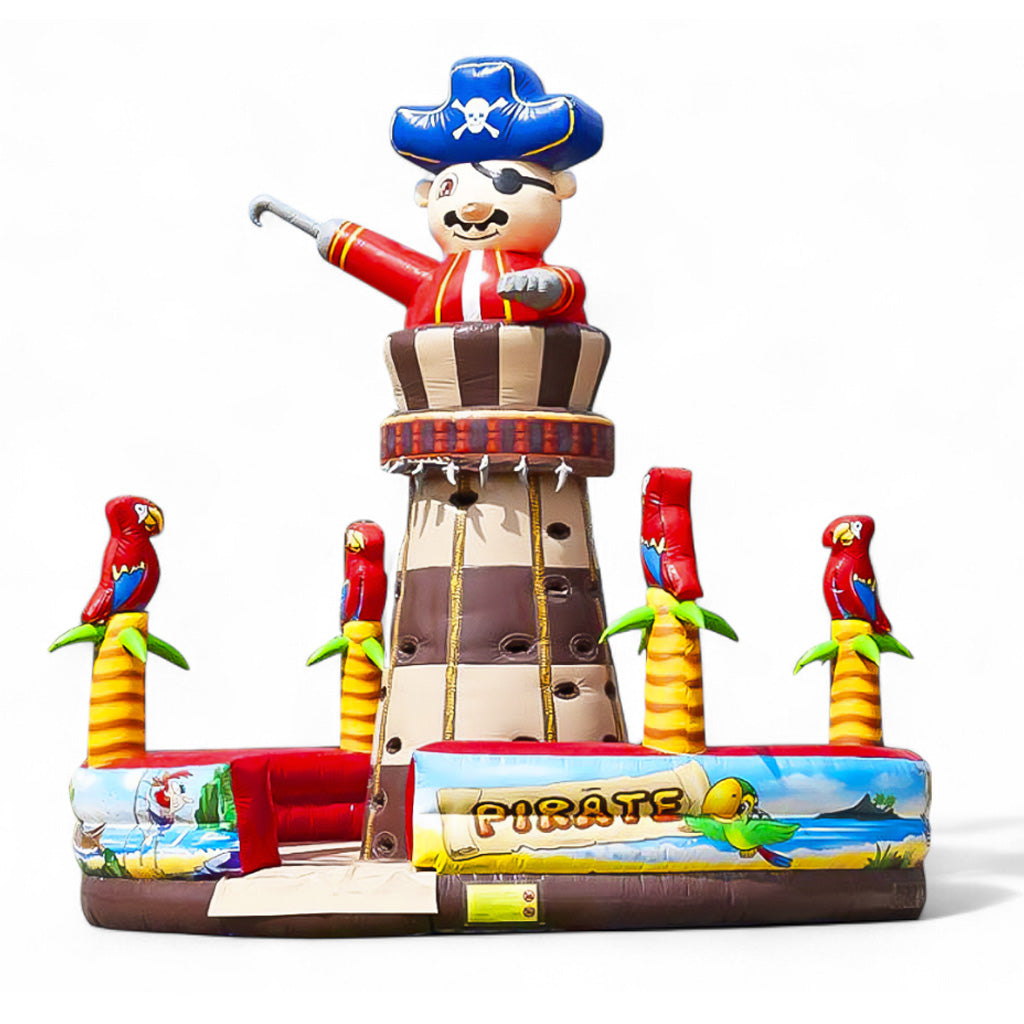Aufblasbare  Huepfburg zum Klettern mit einem grossen Piraten oben drauf, Palmen und Papageien.