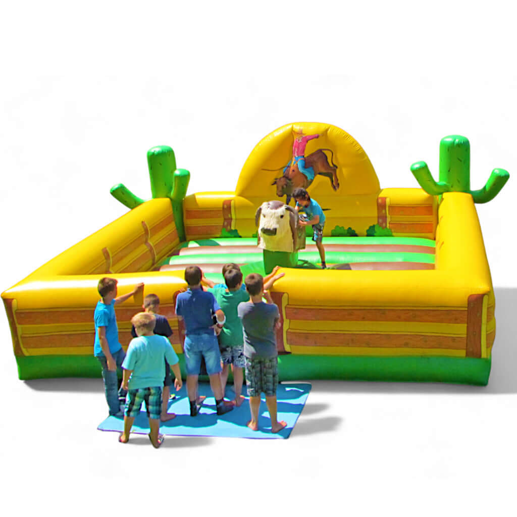 Komplettanlage für Rodeo Bullriding mit eckigem Western-Fallkissen und mechanischem Bullen
