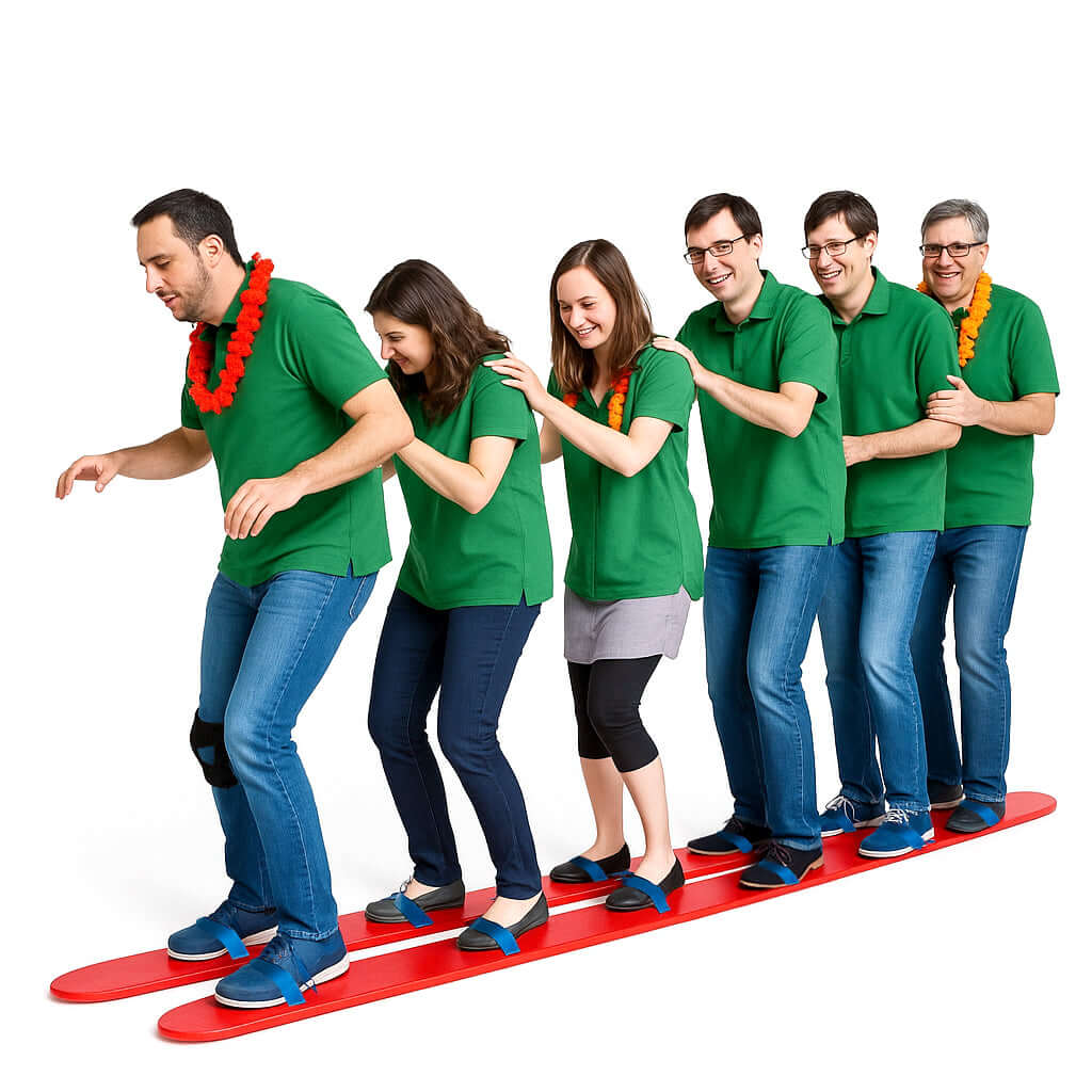 Sechs Kollegen laufen zusammen auf rote Ski.