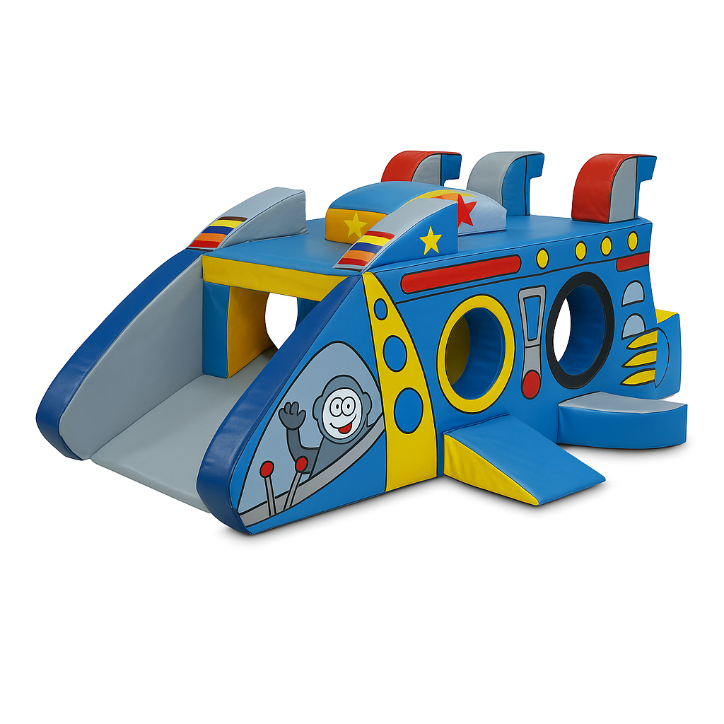 Softplay Raumschiff mit bunten Elementen und Einstiegsluken – ideales Indoor-Spielmodul für Kinder zur Förderung von Motorik und Fantasie.