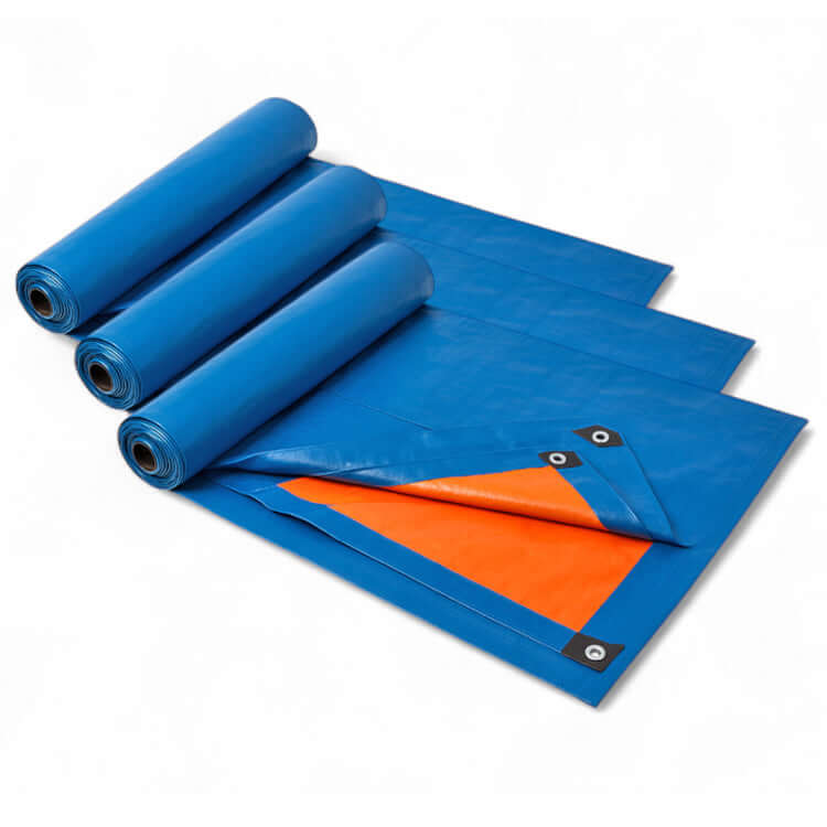 3er-Set Unterlegplane PE 6 × 8 m in Blau-Orange mit Ösen – idealer Bodenschutz für Hüpfburgen und aufblasbare Eventmodule