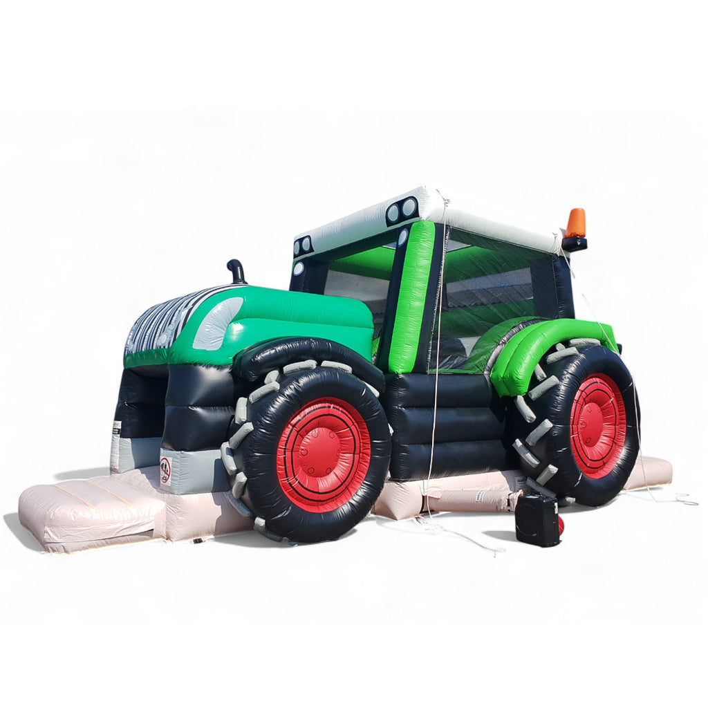Seitenansicht der Traktor-Hüpfburg – ideal zum Mieten