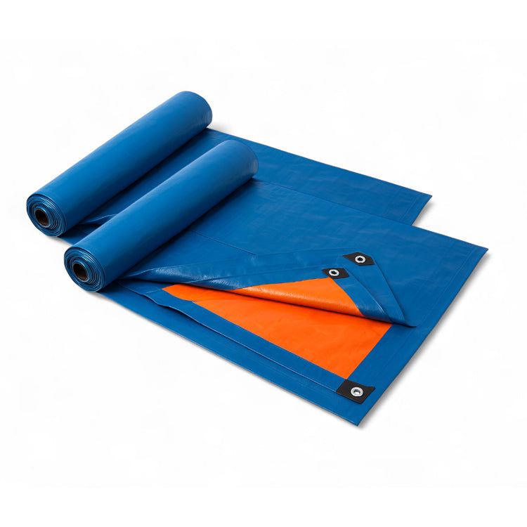 Unterlegplane aus robustem PE-Material in Blau-Orange, 6 × 8 m – idealer Bodenschutz für Hüpfburgen und aufblasbare Eventmodule