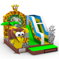 Seitenansicht: Gelb-braune Safari-Hüpfburg mit Rutsche, Zebra-Figur und Giraffen-Dach – Hüpfburg Ecoplay von Happy Fun GmbH, EN 14960 geprüft