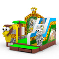 Seitenansicht: Gelb-braune Safari-Hüpfburg mit Rutsche, Zebra-Figur und Giraffen-Dach – Hüpfburg Ecoplay von Happy Fun GmbH, EN 14960 geprüft