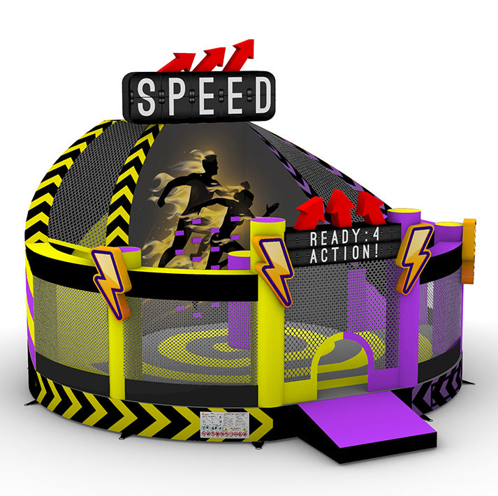 Coole Action-Hüpfburg im SPEED-Design mit grellen Farben, Blitzen und Rennmotiven - perfekt für sportliche Kids mit Energie und Bewegungsdrang.
