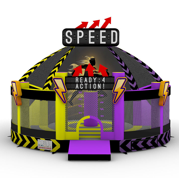 Aufblasbare Action-Arena im futuristischen SPEED-Design - ideal für energiegeladene Events mit Tempo, Power und coolem Blitz-Look.