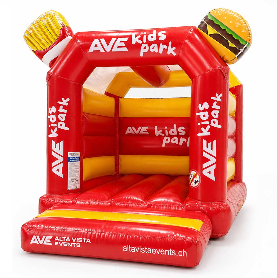 Hüpfburg Burger und Pommes - Aufblasbare Werbung direkt vom Hersteller | Happy-Fun