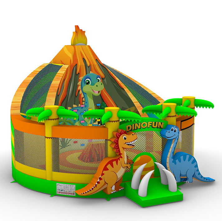 Farbenfrohe Dino-Hüpfburg mit Vulkan und Palmen - ein Highlight für Kinderpartys, perfekt für Dinofans und spannende Abenteuer.
