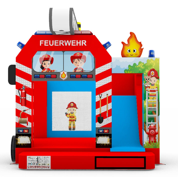 Aufblasbare Feuerwehr-Hüpfburg mit Rutsche und kindlichen Illustrationen für Veranstaltungen