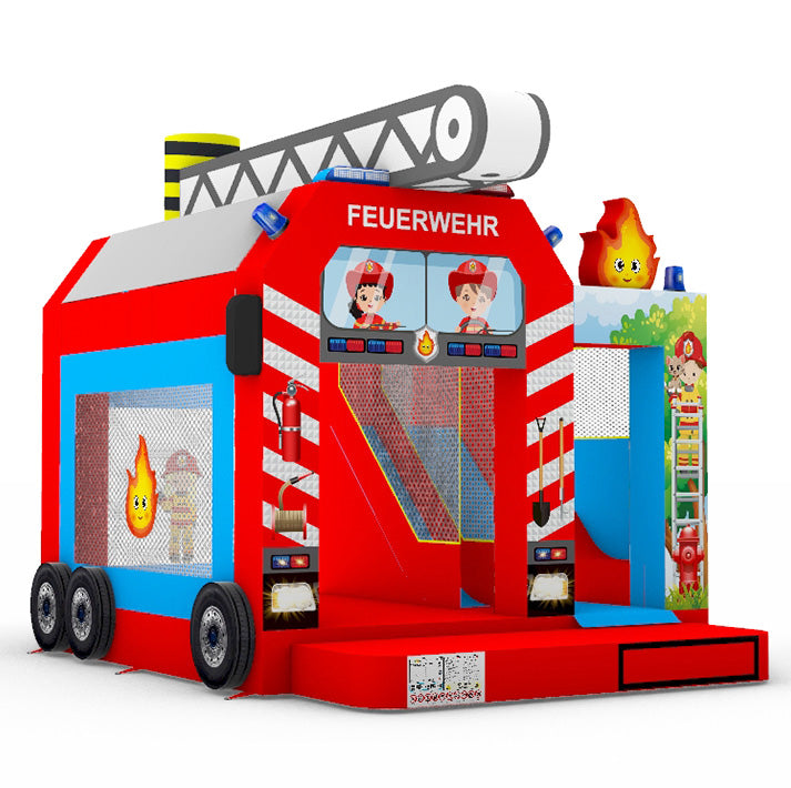 Feuerwehr-Hüpfburg mit Rutsche und bunten Motiven für Kinderfeste und Vermietung