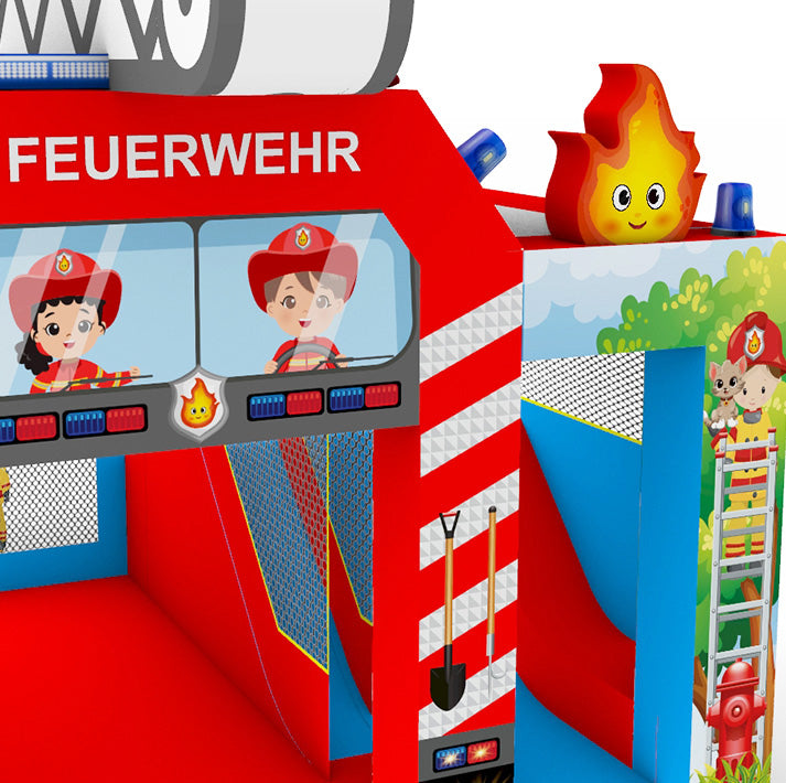 Nahaufnahme Feuerwehr-Hüpfburg mit Figuren, Leitermotiv und Einstieg zur Rutsche