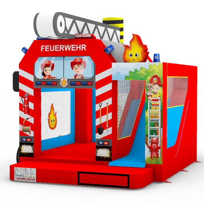 Hüpfburg im Feuerwehr-Design mit seitlicher Rutsche und bunten Rettungsmotiven für Kinder-Events