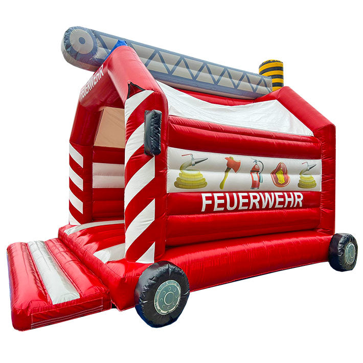Hüpfburg Feuerwehrauto mit individuellen Werbeaufdruck - Individuelle Hüpfburg Sonderanfertigung - jetzt anfertigen lassen