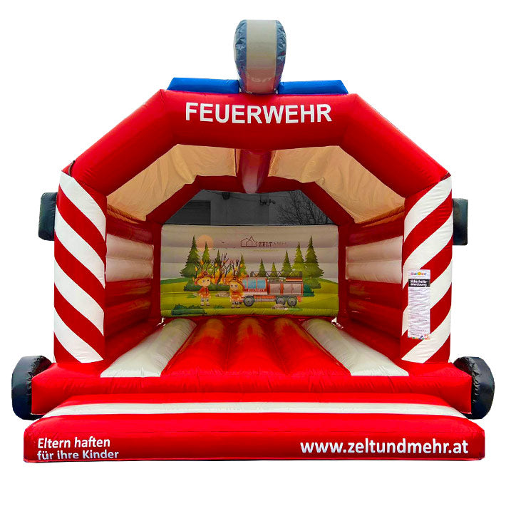 Hüpfburg Feuerwehrauto mit individuellen Werbeaufdruck - Individuelle Hüpfburg Sonderanfertigung - jetzt anfertigen lassen