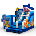 eitenansicht: Blau-gelbe Hai-Hüpfburg Multiplay Ecoplay mit großem Haikopf, Seepferdchen und Rutsche – Hüpfburg von Happy Fun GmbH, EN 14960 geprüft