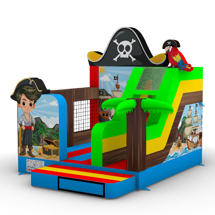 Seitenansicht: Bunte Piraten-Hüpfburg Multiplay Ecoplay mit großem Totenkopfhut, Papagei und Rutsche - Hüpfburg von Happy Fun GmbH, EN 14960 geprüft