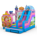 Detailansicht: Pink-blaue Prinzessin-Hüpfburg Ecoplay mit Schloss, Kutsche und großer Rutsche – Hüpfburg von Happy Fun GmbH, EN 14960 geprüft