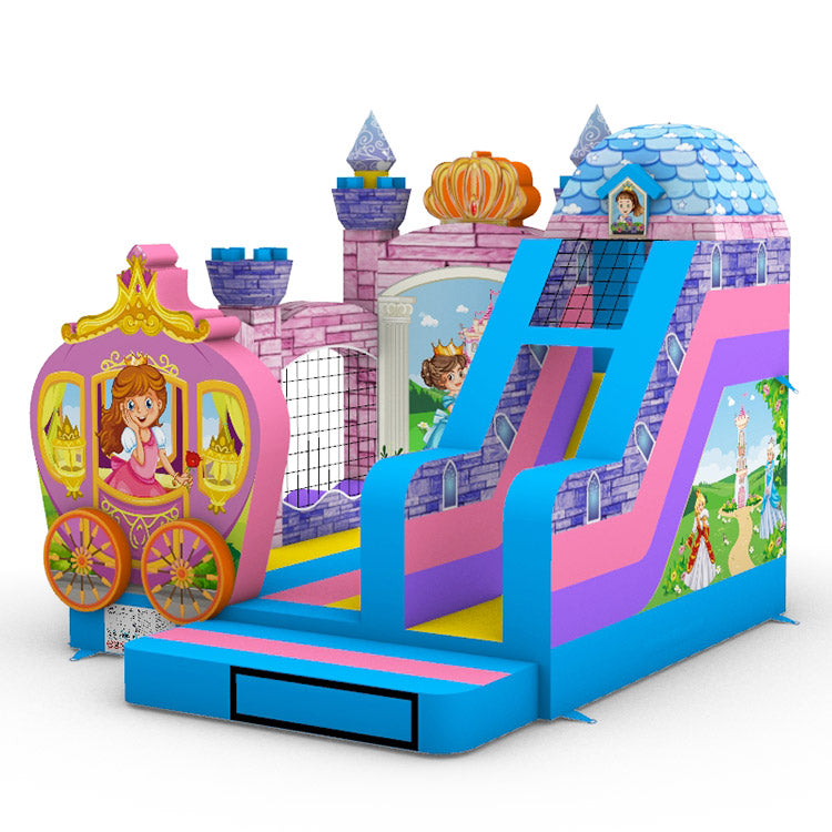 Detailansicht: Pink-blaue Prinzessin-Hüpfburg Ecoplay mit Schloss, Kutsche und großer Rutsche – Hüpfburg von Happy Fun GmbH, EN 14960 geprüft