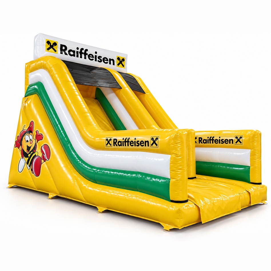 Hüpfburg Rutsche Raiffeisenbank - Aufblasbare Werbung direkt vom Hersteller | Happy-Fun