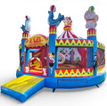 Aufblasbare Zirkus-Hüpfburg mit Rutsche und bunten Tierfiguren