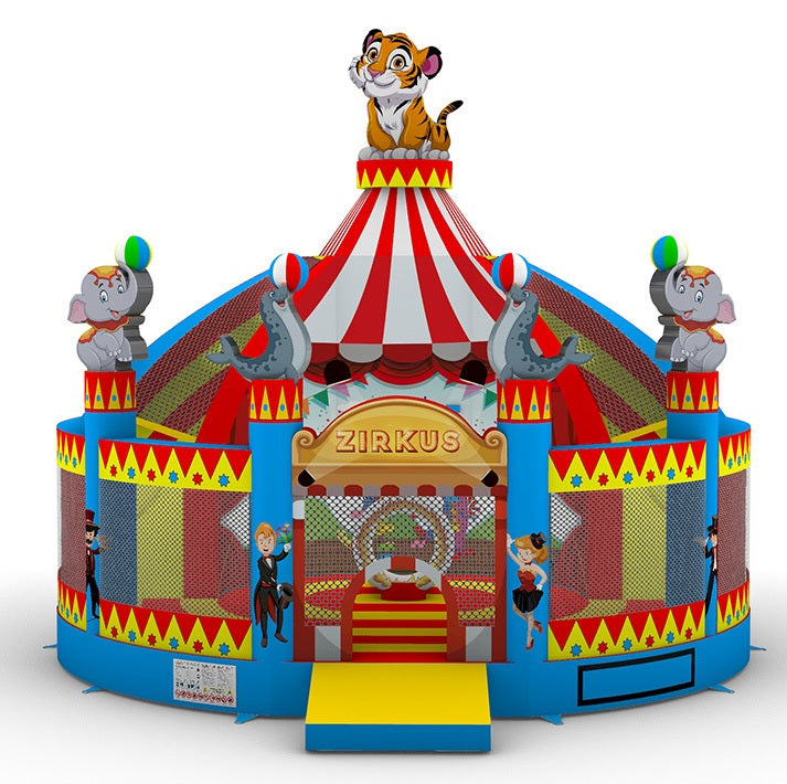 Detailreiche Zirkus-Hüpfburg mit Tigerfigur und buntem Zelt-Design - ideal für Kinderfeste, Stadtfeste und Eventveranstalter.
