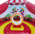 Zirkus-Hüpfburg mit Feuerring und buntem Clown-Design im Innenbereich