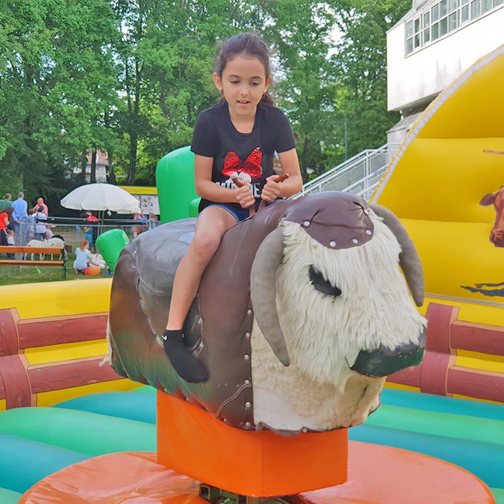 Ein kleines Maedchen auf einem Rodeo Bullen mit Fell.
