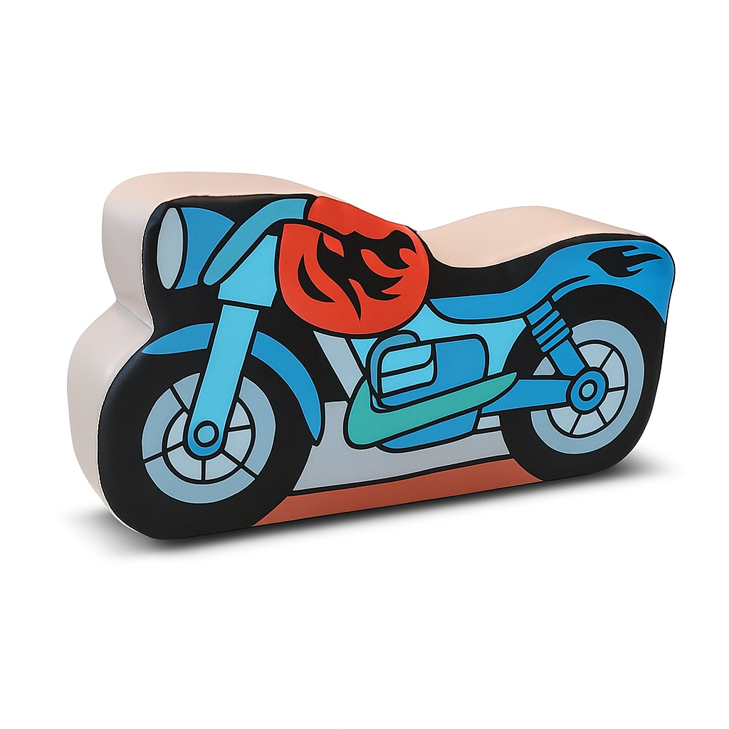 Kindgerechtes Softplay Element in Form eines bunten Motorrads mit Flammenmotiv und runden Raedern aus PVC, ideal fuer fantasievolles Spielen im Indoor-Bereich