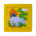 Kindgerechtes Softplay Puzzle mit neun gepolsterten Teilen und farbenfrohem Nashornmotiv, eingefasst in einem gelben, weichen PVC-Rahmen – ideal fuer Kleinkinder und motorisches Lernen im Spielbereich